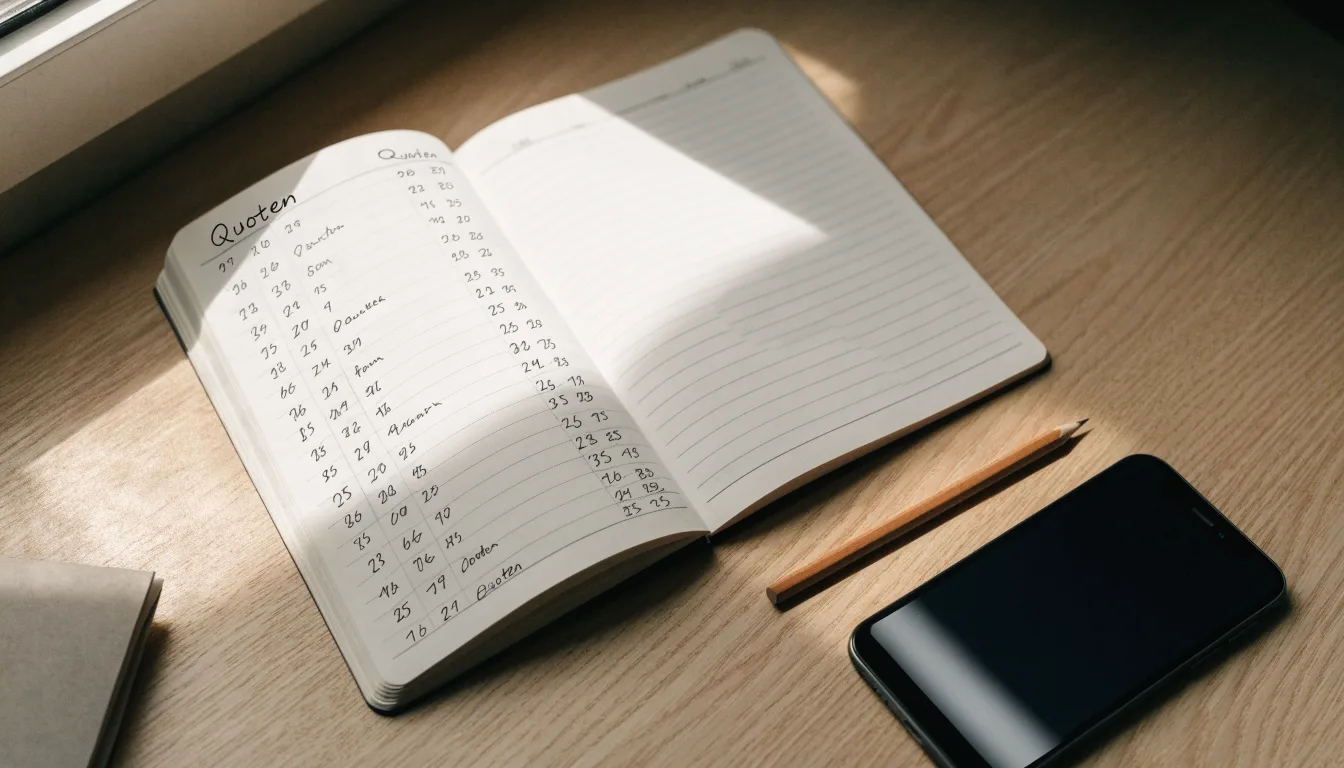 Ein Notizbuch mit handschriftlichen Zahlenreihen liegt neben einem Bleistift und einem Smartphone mit dunklem Display auf einem Tisch.