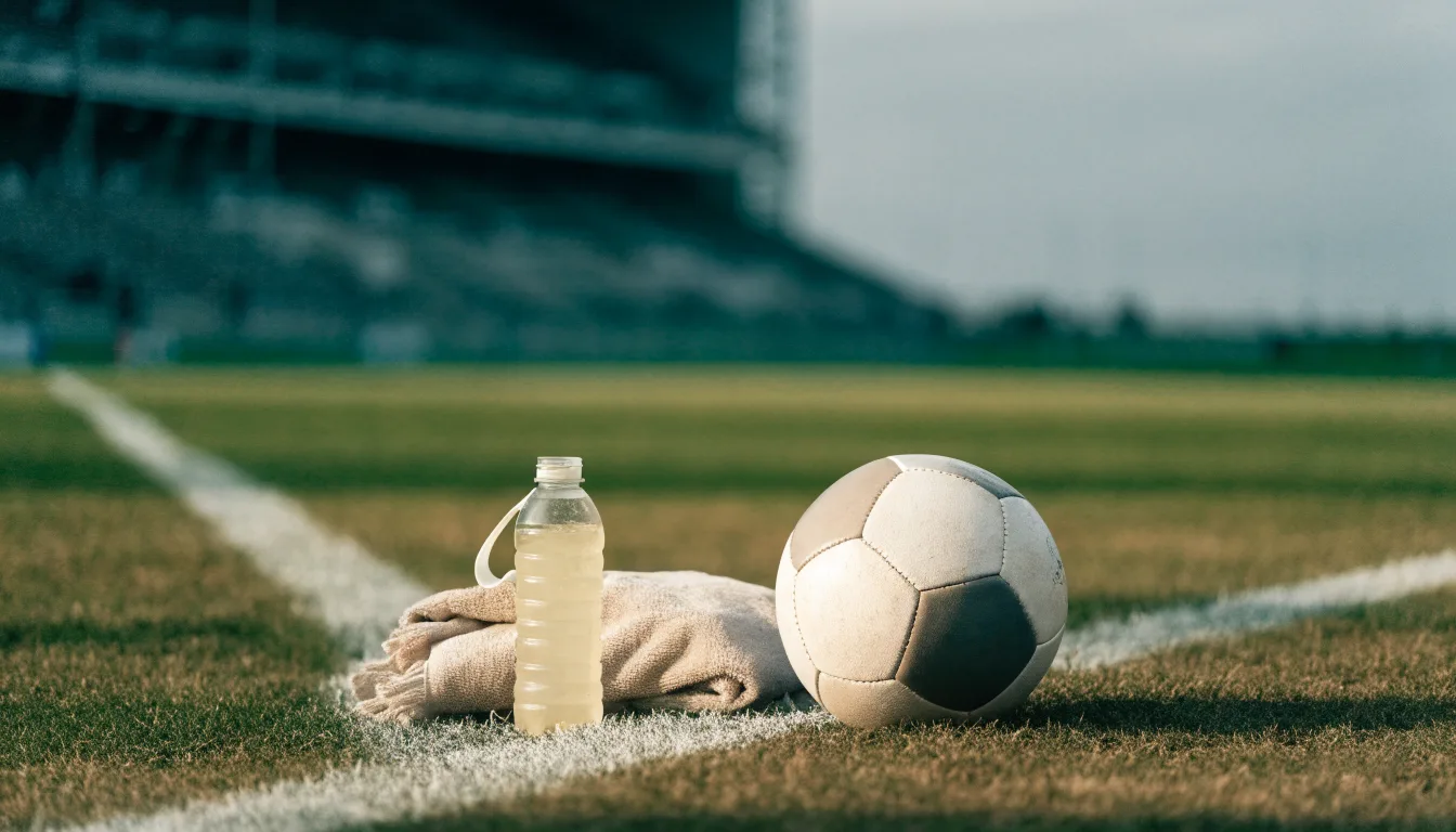 Ein Fußball auf einer Wiese neben der Seitenlinie, daneben eine Trinkflasche ohne Aufdruck und ein Handtuch.