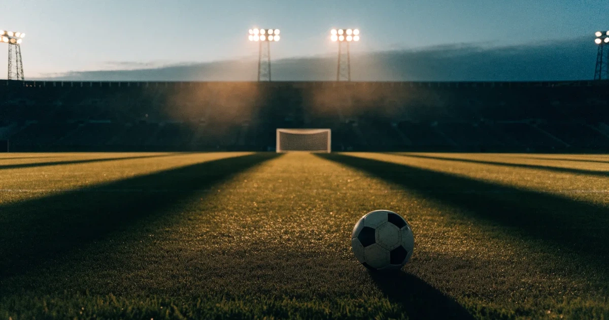 Ein Fußballstadion in der Dämmerung aus der Ferne, die Flutlichter gerade eingeschaltet, davor ein Kreisverkehr mit Laternen.