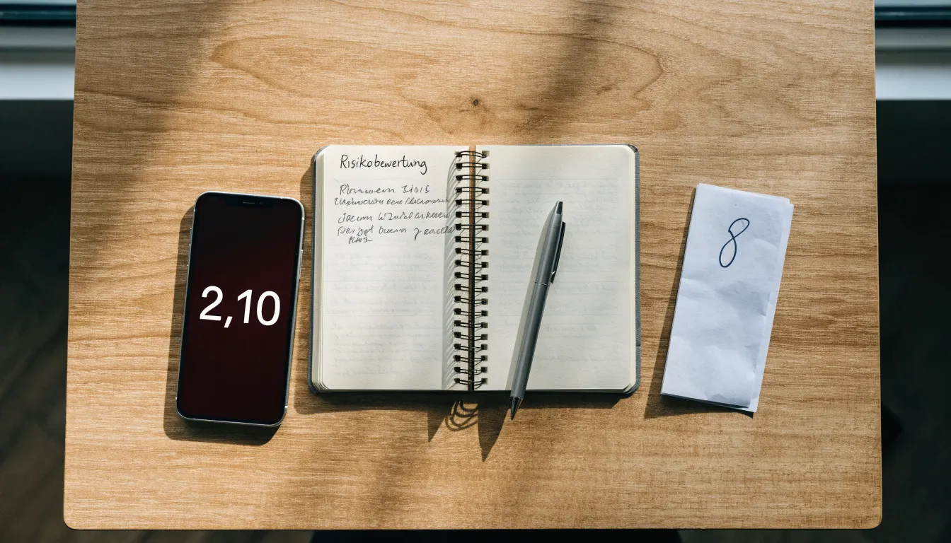 Ein Notizbuch mit handschriftlichen Notizen und ein Taschenrechner liegen auf einem Schreibtisch neben einem Smartphone mit dunklem Display.
