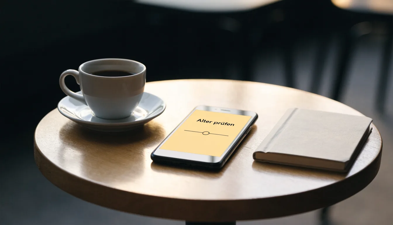 Ein Smartphone liegt mit schwarzem Display neben einer Kaffeetasse und einem Notizblock auf einem Café-Tisch.