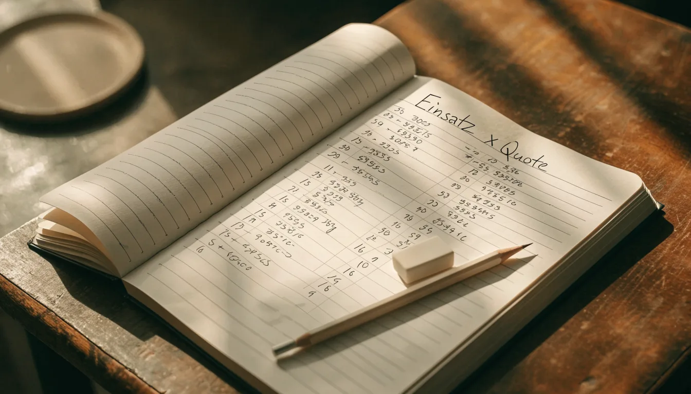 Ein Notizbuch mit handschriftlichen Multiplikationen liegt aufgeschlagen auf einem Holztisch, daneben ein Bleistift und ein Radiergummi.