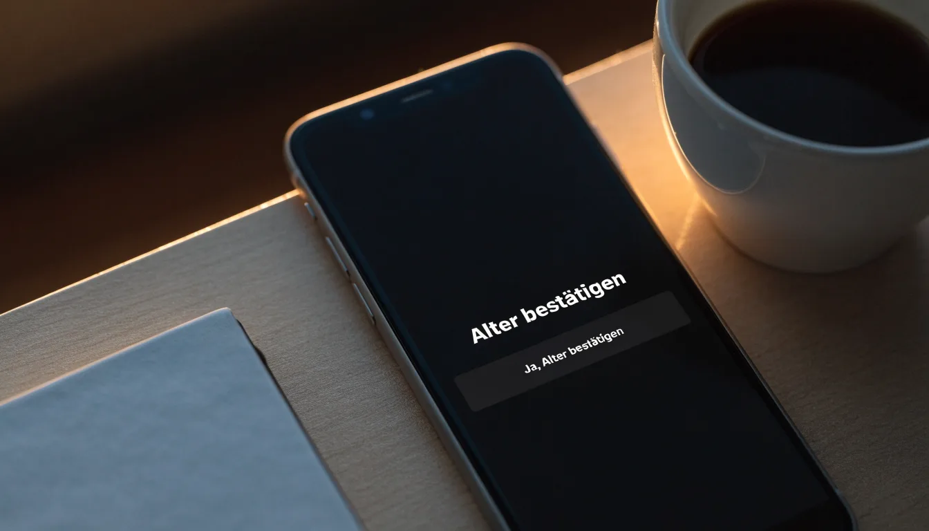 Ein Smartphone mit dunklem Display liegt neben einer Kaffeetasse auf einem Schreibtisch, durch das Fenster fällt Abendlicht.