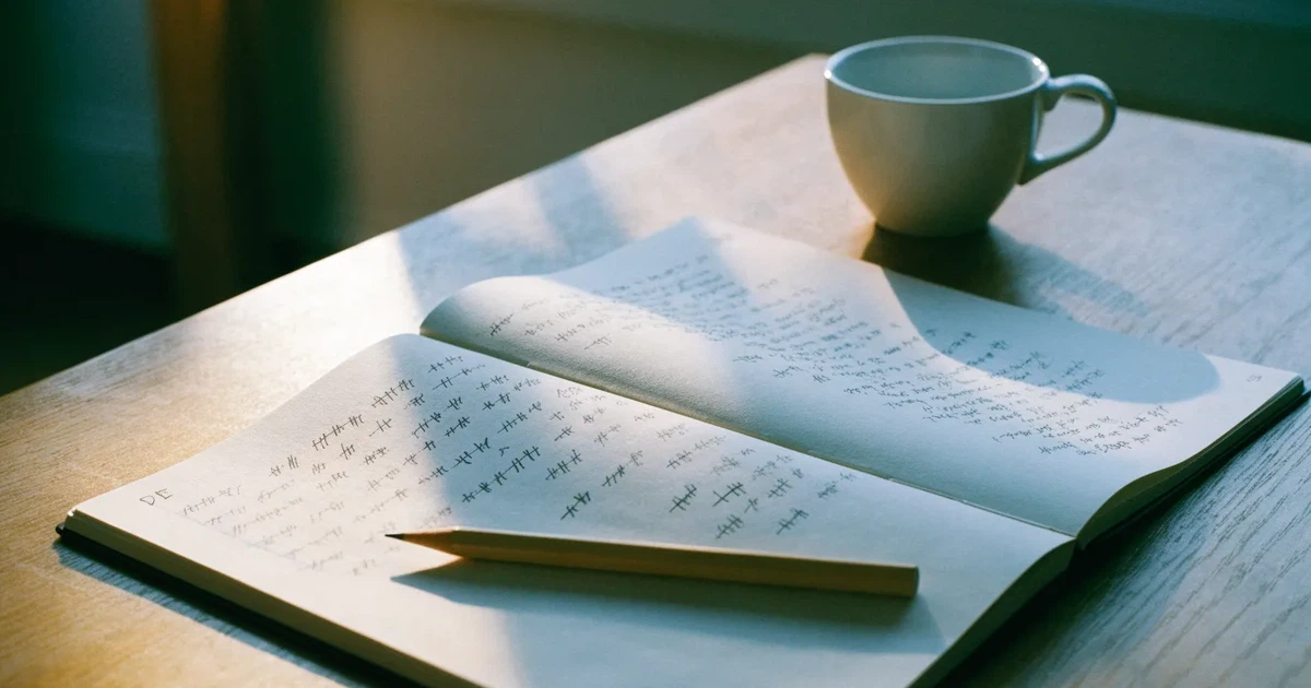 Ein aufgeschlagenes Notizbuch mit handgezeichneten Spalten und Strichen liegt neben einem Bleistift und einer Kaffeetasse auf einem Tisch am Morgen.