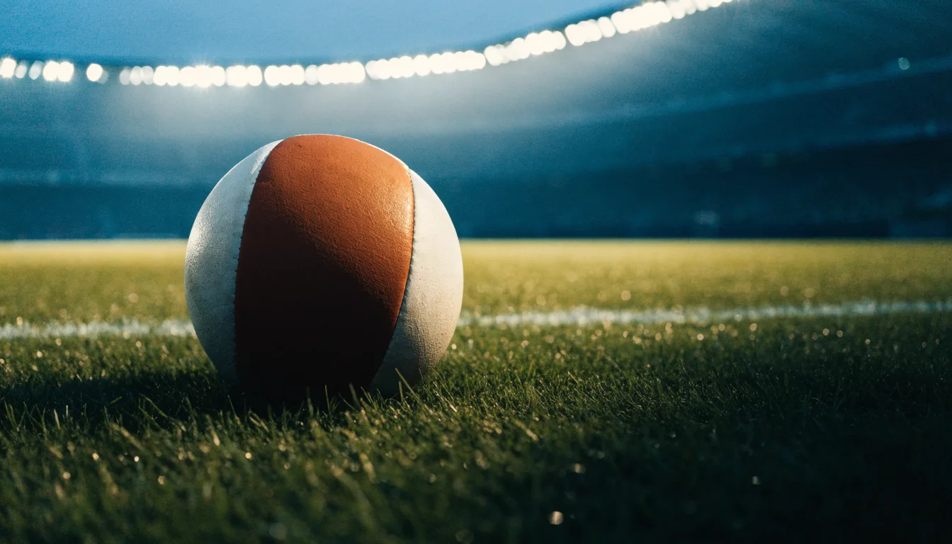 Ein Fußball liegt auf einem Rasenplatz in der Dämmerung, im Hintergrund ein ferner Stadionrand unter Flutlicht.