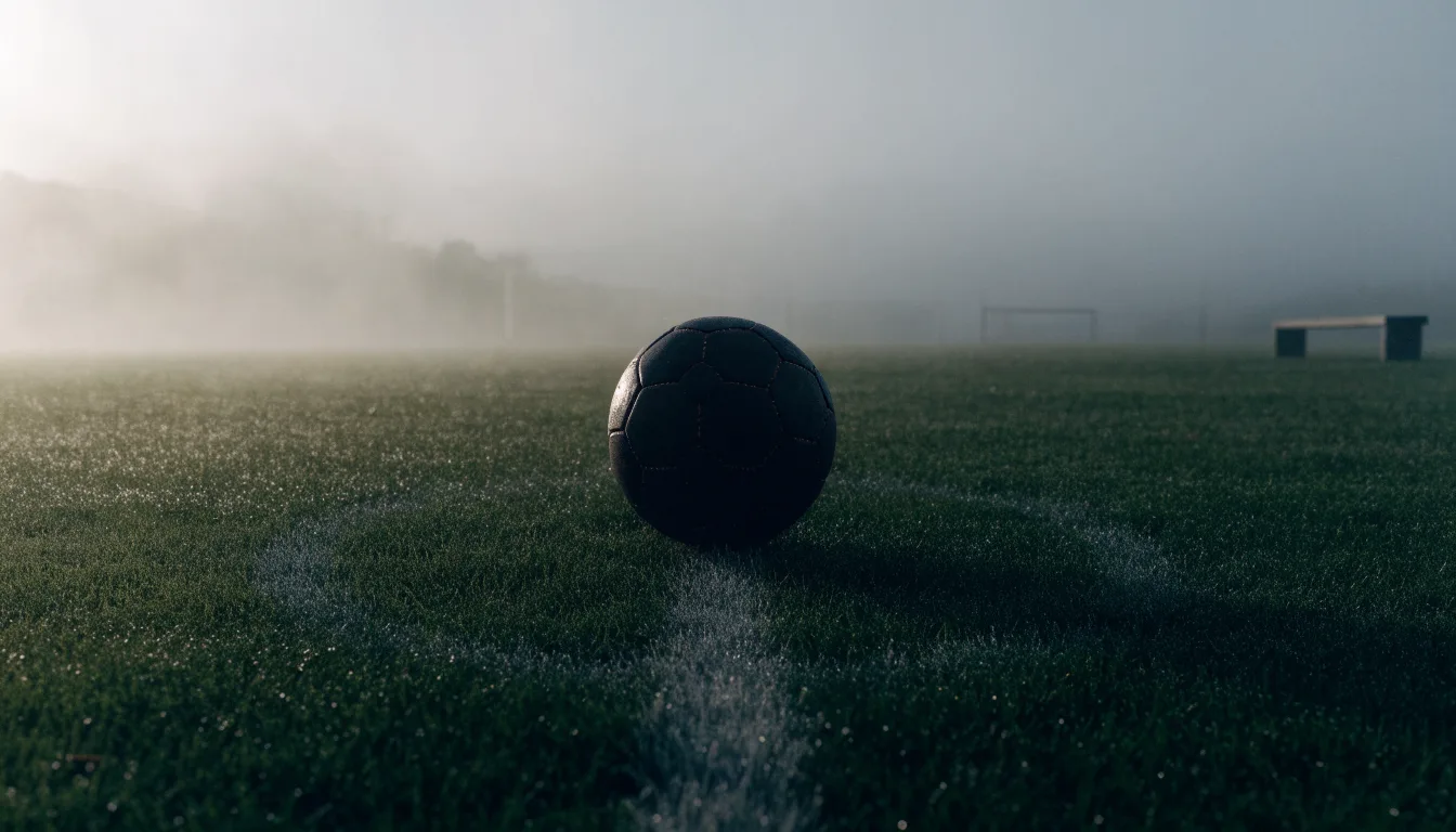 Ein Fußball liegt in der Mitte eines leeren Rasenplatzes im Morgennebel, am Rand steht eine einzelne Auswechselbank.