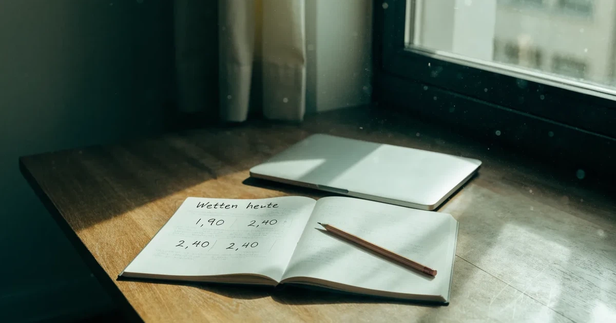 Ein Laptop-Bildschirm bleibt dunkel, davor ein Notizbuch mit handgezeichneten Kurven und ein Bleistift auf einem Schreibtisch am Fenster.